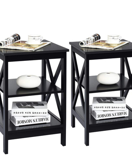 Nightstand 3-Tier X-Design W/Storage Shelves and Stable Structure Storage Organizer Display Sofa Side Table