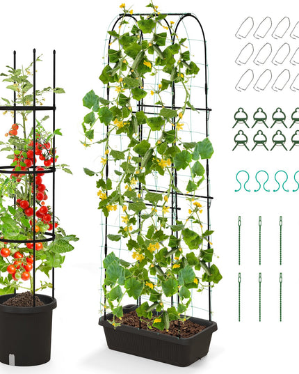 Giantex Set of 2 Raised Garden Bed w/Trellis & Plant Cage, Planter Box w/ 71” Cucumber Trellis