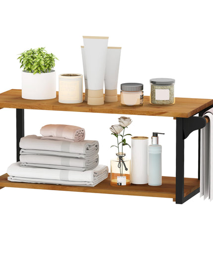 Giantex Teak Wood Bathroom Floating Wall Shelves 40.5" Long 2-Tier Storage Rack