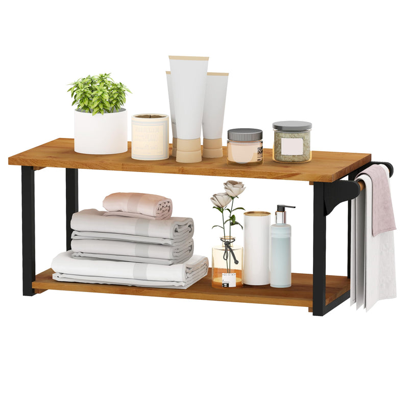 Giantex Teak Wood Bathroom Floating Wall Shelves 40.5" Long 2-Tier Storage Rack