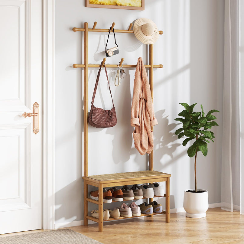 Giantex PE Rattan Hall Tree with Bench & Shoe Storage for Entryway Living Room