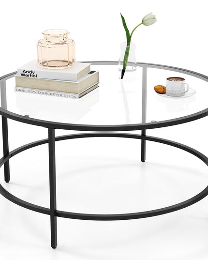 Giantex 35.5”D Round Coffee Table - Modern Coffee Table with Tempered Glass Tabletop
