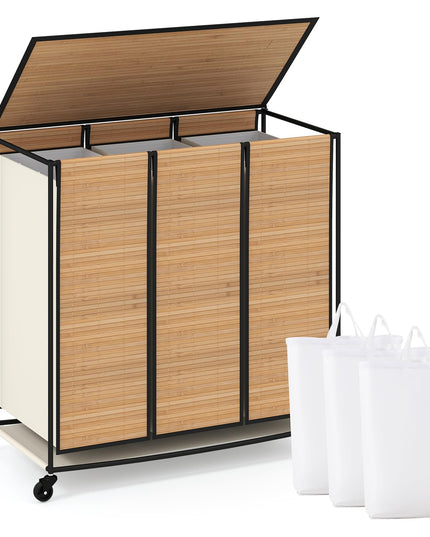 Giantex Laundry Hamper Sorter 3 Section with Lid 2 Lockable Wheels