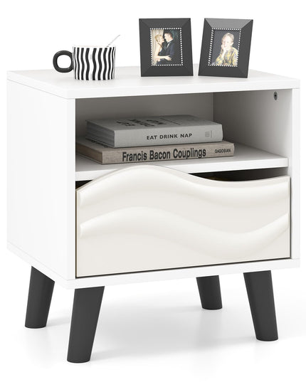 Giantex Mid Century Wood Bedside Table with 3D Wavy Pattern & Open Shelf