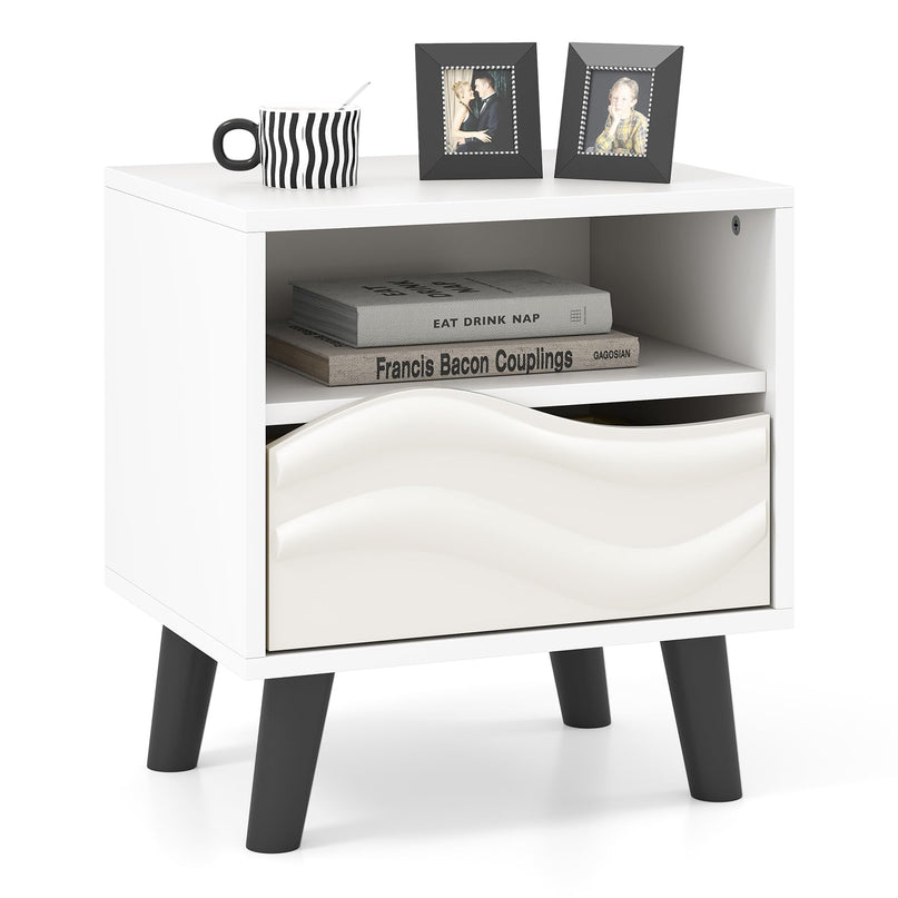 Giantex Mid Century Wood Bedside Table with 3D Wavy Pattern & Open Shelf