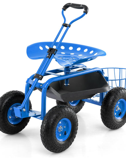 Giantex Rolling Gardening Stool Cart, 4-Wheel Garden Workseat with Storage Basket