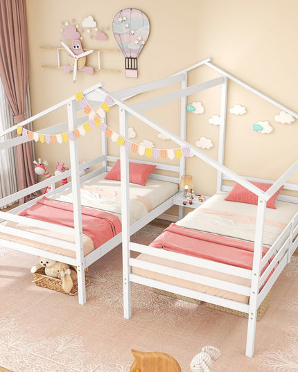 Giantex Double Twin Bed Frames for Kids, Wood House Shaped Platform with Built-in Nightstand & USB Port