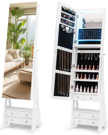 Jewelry Armoire with Full Length Door Mirror & Inside Lighted Vanity Mirror