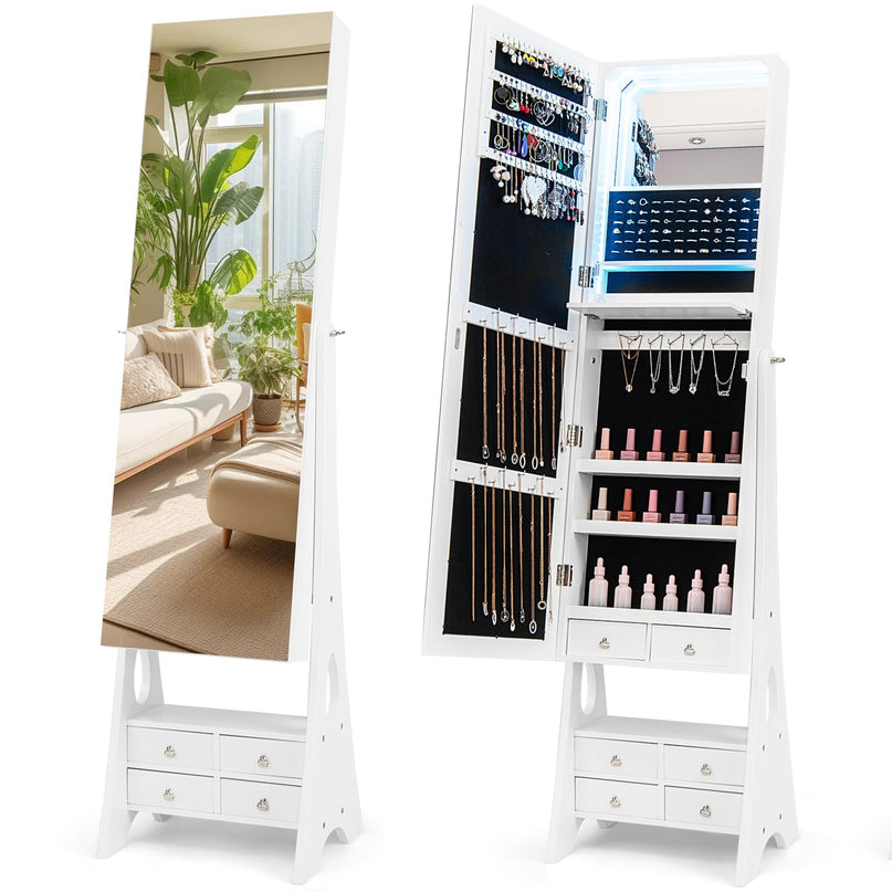 Jewelry Armoire with Full Length Door Mirror & Inside Lighted Vanity Mirror