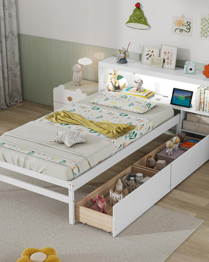 Giantex Wood Twin Bed Frame with Storage Drawer & Headboard, Modern Platform Bed with Charging Station & LED Light