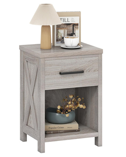 Giantex Farmhouse Wooden Bedside Table with Storage Drawer & Open Shelf