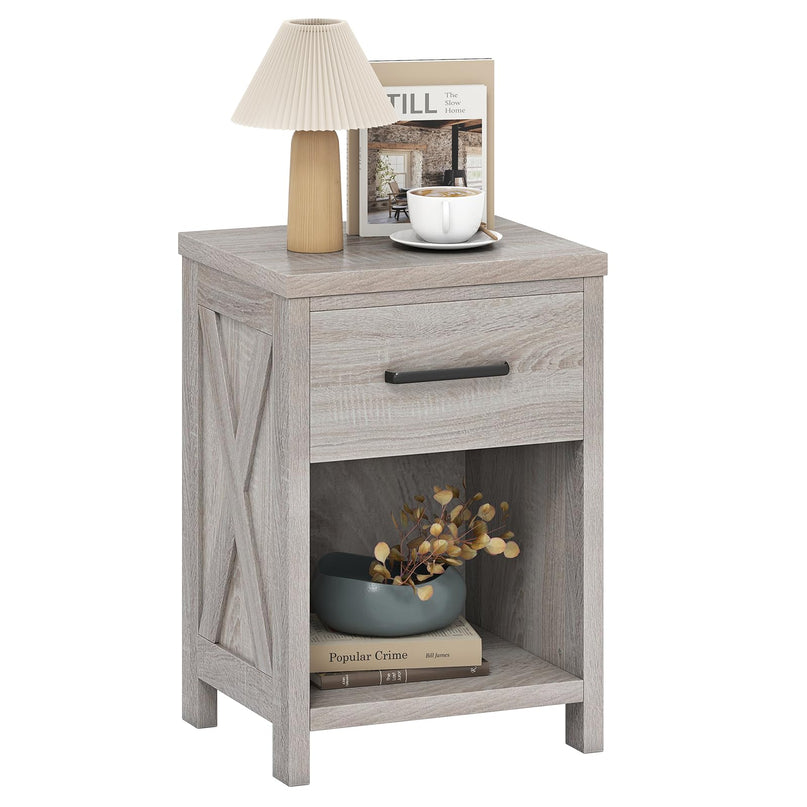 Giantex Farmhouse Wooden Bedside Table with Storage Drawer & Open Shelf