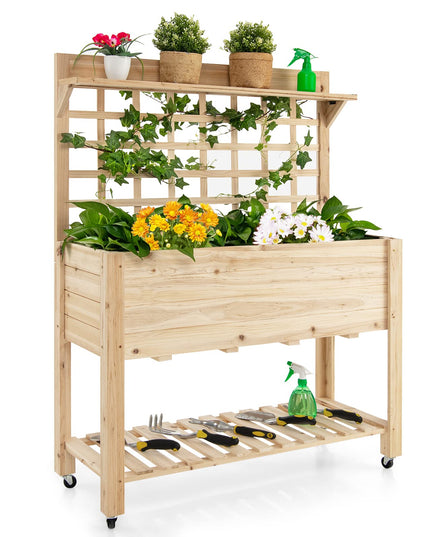 Giantex Raised Garden Bed on Wheels, Wood Planter with Trellis, Black Liner Storage Shelf