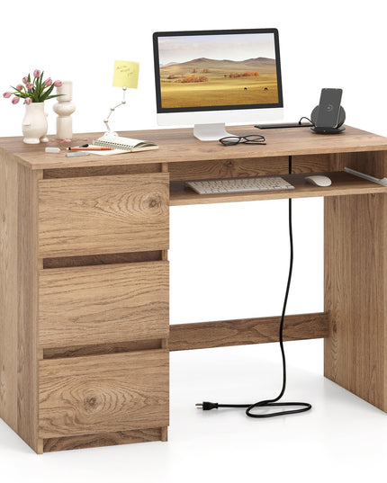 Giantex Computer Desk with Power Outlet, Modern Office Desk with Keyboard Tray & 3 Large Drawers