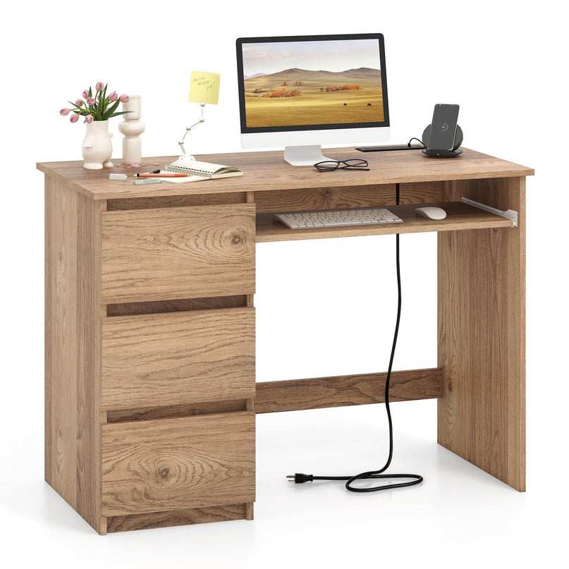 Giantex Computer Desk with Power Outlet, Modern Office Desk with Keyboard Tray & 3 Large Drawers