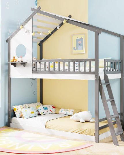 Giantex Solid Wood Floor Bunk Bed with Ladder and Full-Length Guardrails