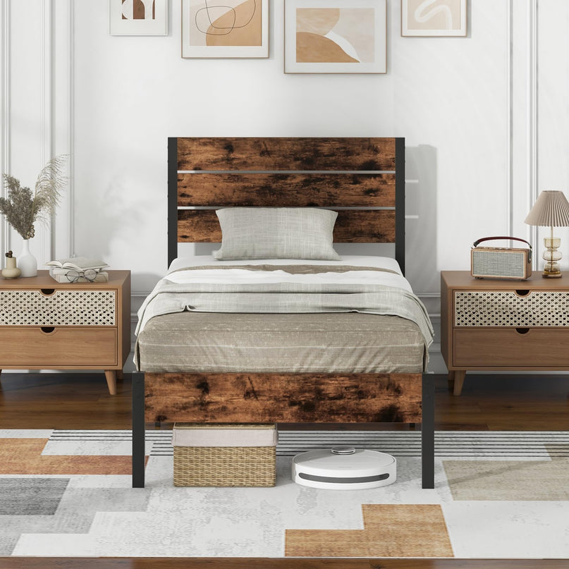 Giantex Metal Platform Bed Frame, Industrial Bed Frames with Wood Headboard