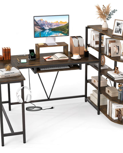 Giantex 63" U-Shaped Computer Desk with 5-Tier Bookshelf