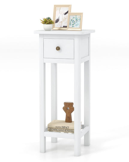 Giantex Narrow End Table with Drawer, Tall Acacia Wood Side Table with Bottom Shelf, Modern Bedside Tables