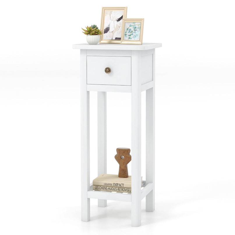 Giantex Narrow End Table with Drawer, Tall Acacia Wood Side Table with Bottom Shelf, Modern Bedside Tables