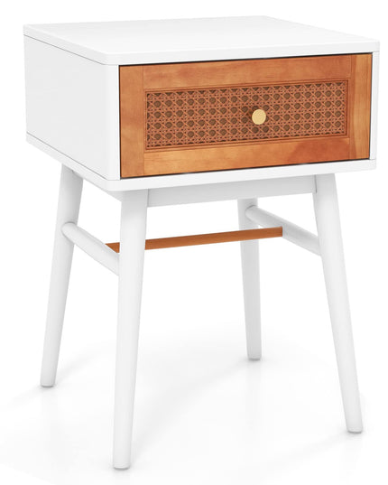 Giantex Rattan Nightstand, Boho End Side Table with Rattan Decorated Storage Drawer & Solid Wood Legs