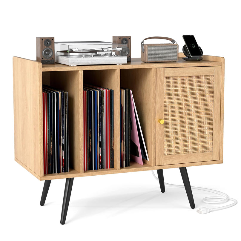 Giantex Record Player Stand w/ Charging Station | Vinyl Holder Display Shelf for Living Room