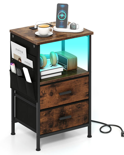 Table de chevet Giantex avec station de recharge | Table d'appoint de canapé à LED avec 2 tiroirs en tissu pliable