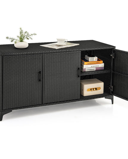 Giantex 84-Gallon Wicker Deck Box - Patio Storage Cabinet, 3-Door PE Rattan Storage Container with Removable Shelves