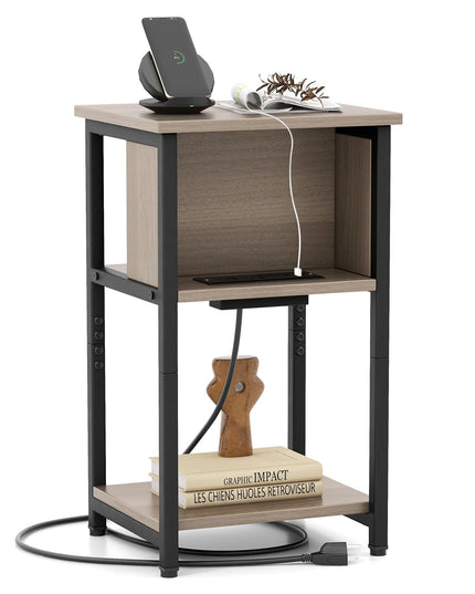 Giantex Nightstand with Charging Station, 3-Tier End Table with USB Ports & Power Outlets
