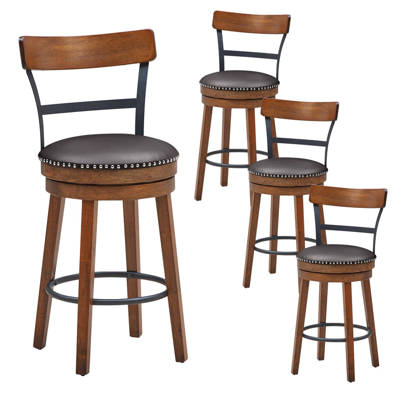 360-Degree Swivel Stools with Leather Padded Seat, Single Slat Ladder Back & Solid Rubber Wood Legs