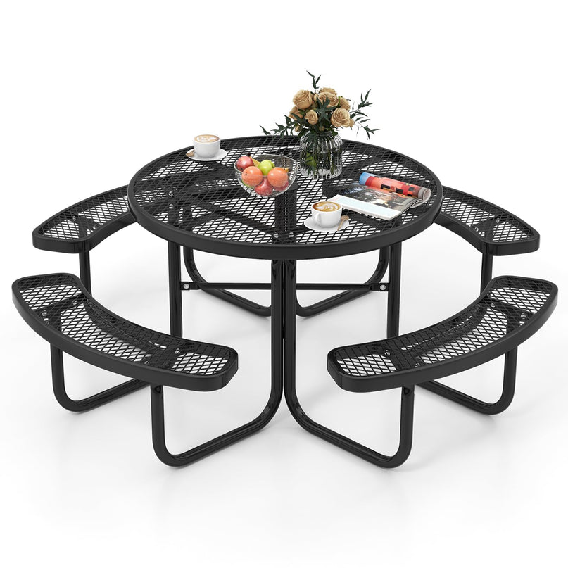 Giantex Round Picnic Table Set for 8 Persons, 45 Inch Outdoor Table and Bench Set with Umbrella Hole