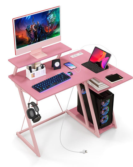 Bureau de jeu en forme de L Giantex avec prises et ports USB, petit bureau d'ordinateur avec étagère pour moniteur