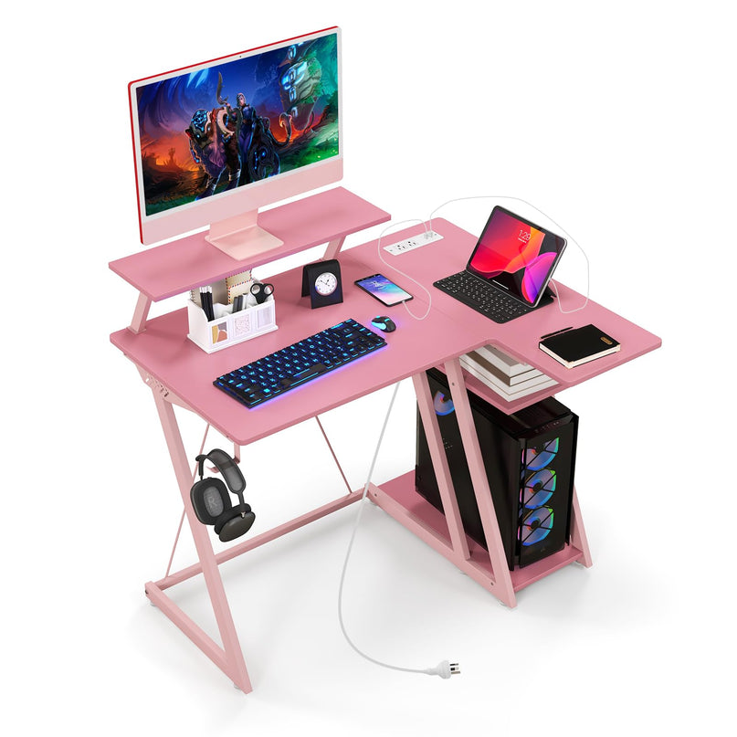 Bureau de jeu en forme de L Giantex avec prises et ports USB, petit bureau d'ordinateur avec étagère pour moniteur