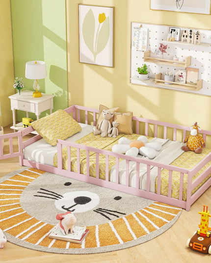 Giantex  Floor Bed with Door & Fence Kids Wood Montessori Bed