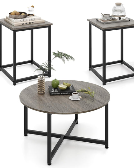 Giantex Round Nesting Table Set of 3, Farmhouse Coffee Table w/2 End Tables, Sturdy Metal Frame (Black Oak)