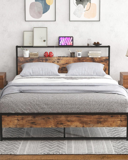 Giantex Full Bed Frame with Storage Headboard and Charging Station, with Outlets and USB Ports