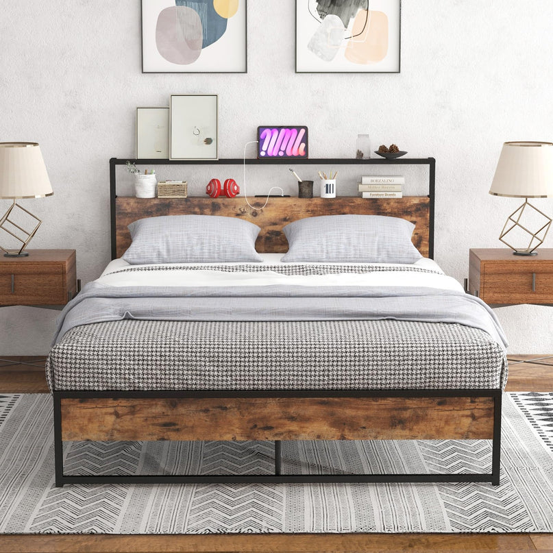 Giantex Full Bed Frame with Storage Headboard and Charging Station, with Outlets and USB Ports
