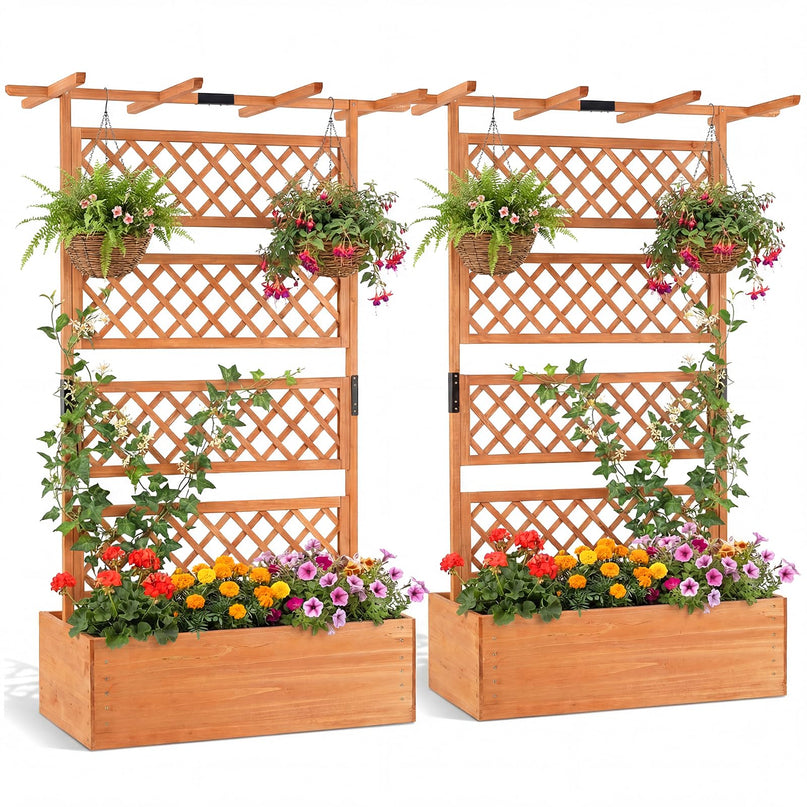 Giantex Raised Garden Bed with Trellis 1/2 Pack 72'' Wooden Planter Box(60"Lx22”Wx 72"H)
