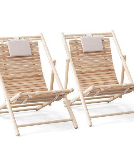 Giantex Wood Lounge Chair Outdoor - Folding Beach Chair with Detachable Headrest