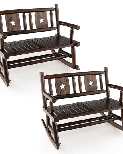 Giantex Outdoor Rocking Bench, Patio Loveseat Rocker for 2 w/Ergonomic Back & Log Arms, Carbonized Fir Wood Frame