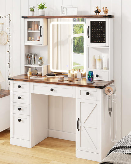 CHARMAID Vanity Desk with Mirror and Lights, Farmhouse Makeup Vanity Desk with 7 Drawers, 45" White Vanity Dressing Table for Bedroom