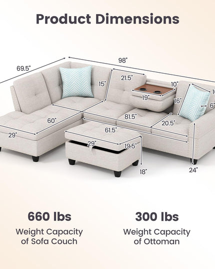 Giantex 98" L Shaped Sofa with Movable Storage Ottoman