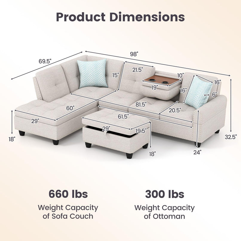 Giantex 98" L Shaped Sofa with Movable Storage Ottoman