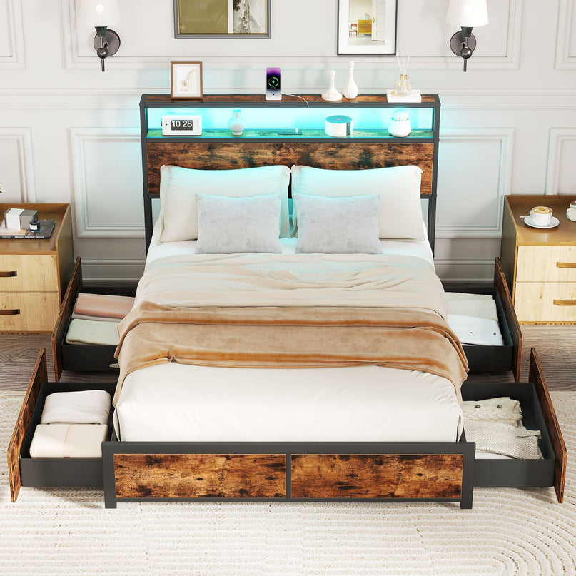 Giantex  LED Bed Frame with Charging Station & 4 Storage Drawers