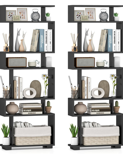 Giantex 6-Tier Geometric Bookcase Set of 1/2 64" Tall S-Shaped Bookshelf