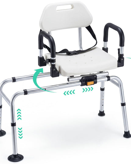 Giantex Sliding Shower Chair with Swivel Seat Flip-Up Padded Armrests & Safety Belt for Seniors