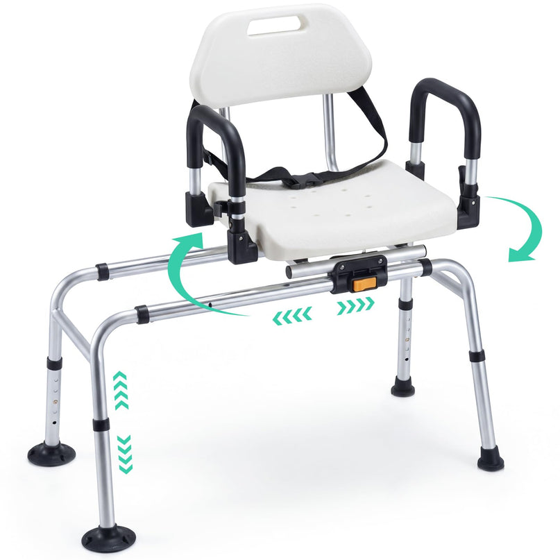 Chaise de Douche Coulissante Giantex avec Siège Pivotant, Accoudoirs Rembourrés Relevables et Ceinture de Sécurité pour Personnes Âgées