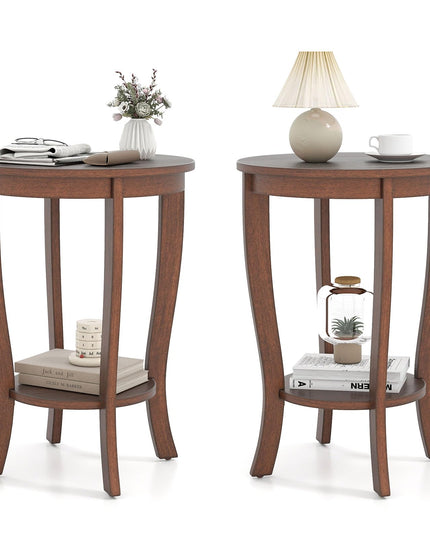 Giantex Table d'appoint ronde avec étagère de rangement, lot de 1/2, table de chevet rétro avec pieds en bois massif, table d'appoint de 62,2 cm pour petits espaces