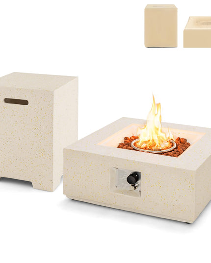 Giantex Propane Fire Pit Table Set, 40,000 BTU 28" Terrazzo Gas Fire Table w/ 16" Hideaway Tank Holder, Protective Covers