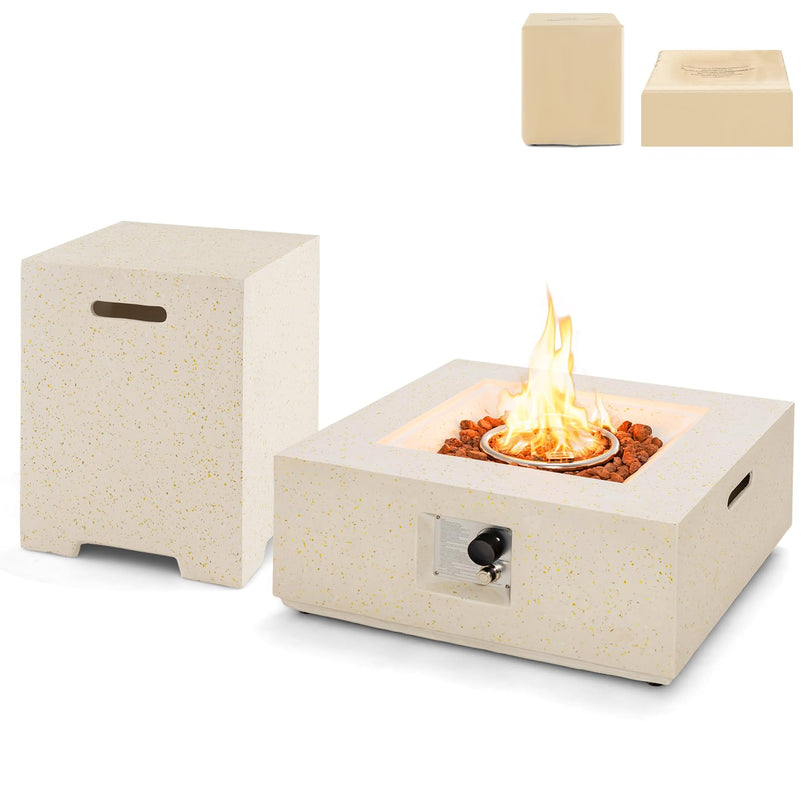 Giantex Propane Fire Pit Table Set, 40,000 BTU 28" Terrazzo Gas Fire Table w/ 16" Hideaway Tank Holder, Protective Covers